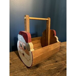 Santa Claus Christmas Holiday Basket Red Painted Seasonal Handmade Vintage